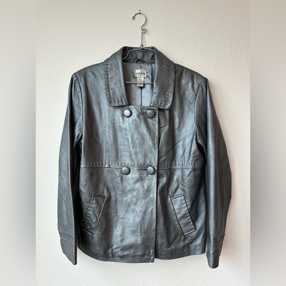 Chico’s Silver Shimmer Leather Collared Short Peacoat Jacket Coat Size 2